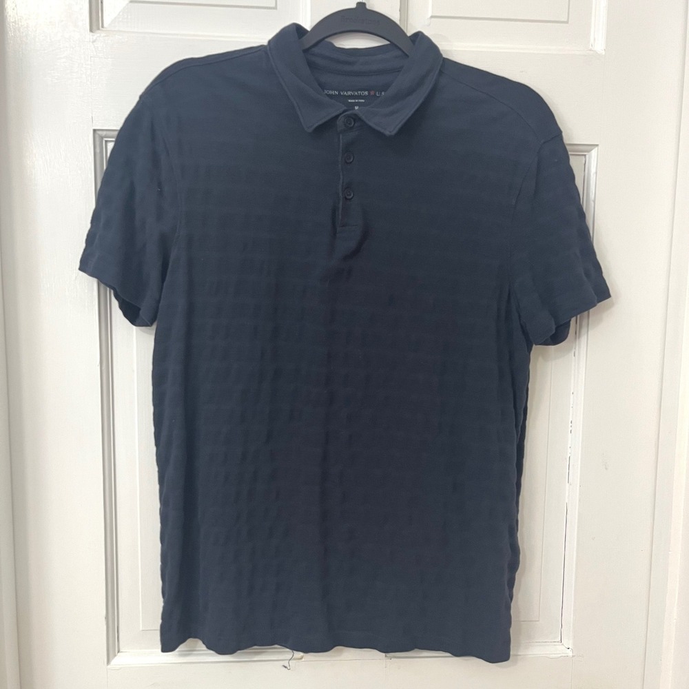 John Varvatos Mens M Navy Blue Short‎ Sleeve Textured Cotton Polo Shirt
